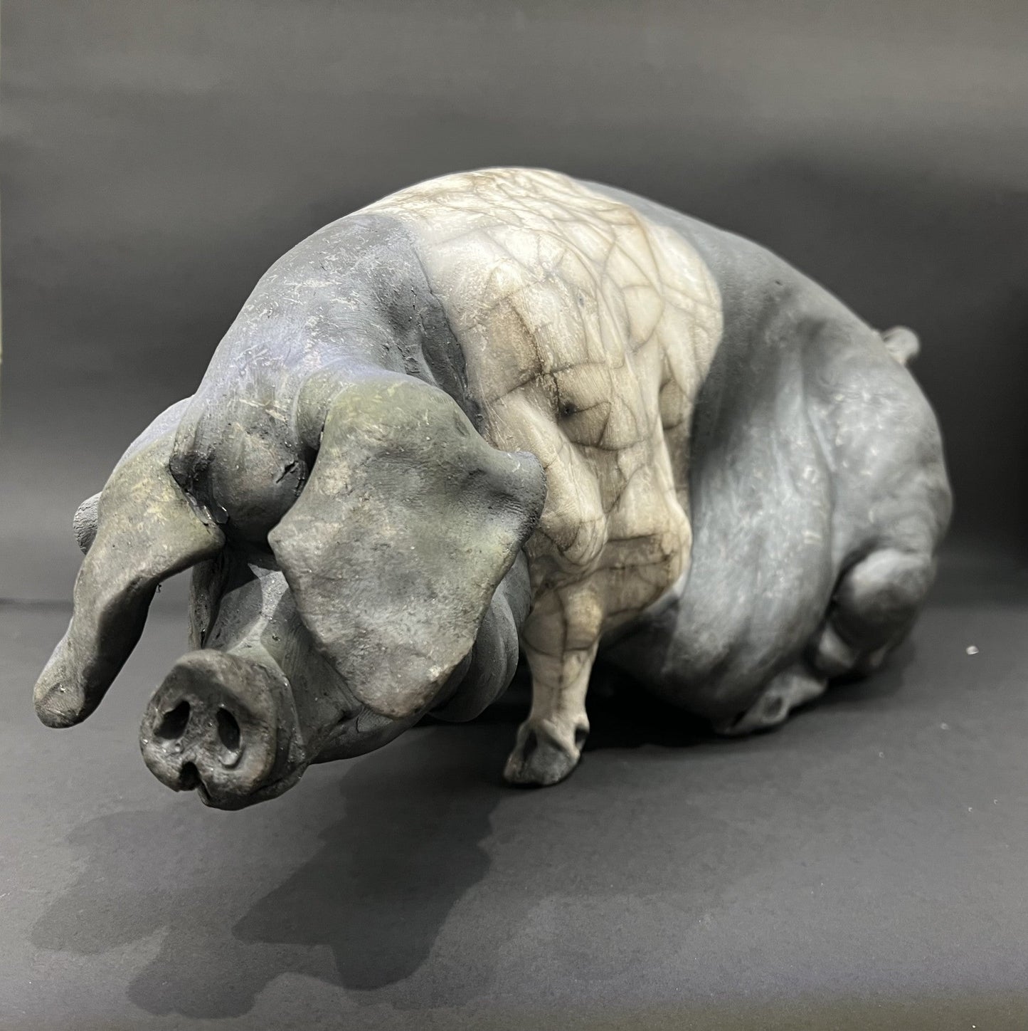 Christine Cummings Studio raku pig Maggie Seated Saddleback ORIGINAL - The Acorn Gallery, Pocklington