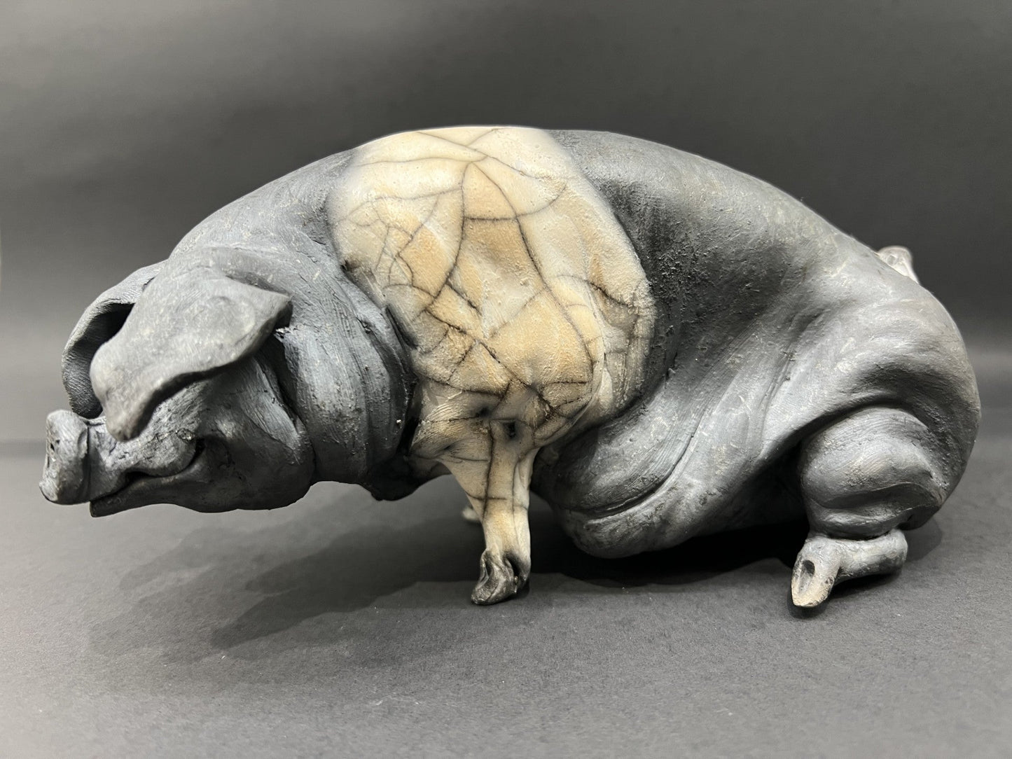 Christine Cummings Studio raku pig Mathilda Seated Saddleback ORIGINAL - The Acorn Gallery, Pocklington