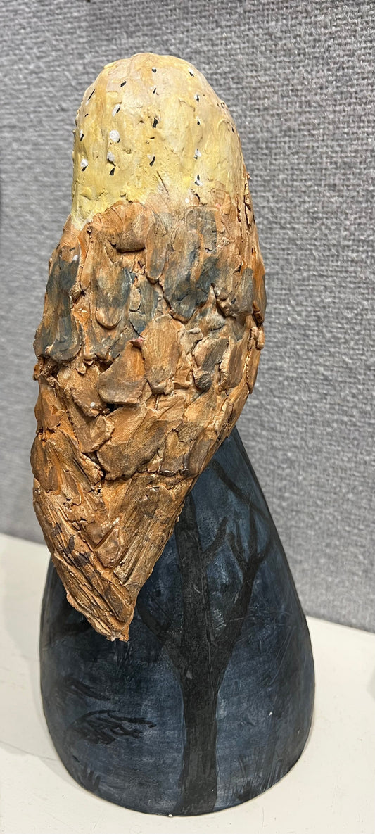 Hand painted ceramic barn owl sculpture by Christine Cummings Studio, 11" tall, original art piece