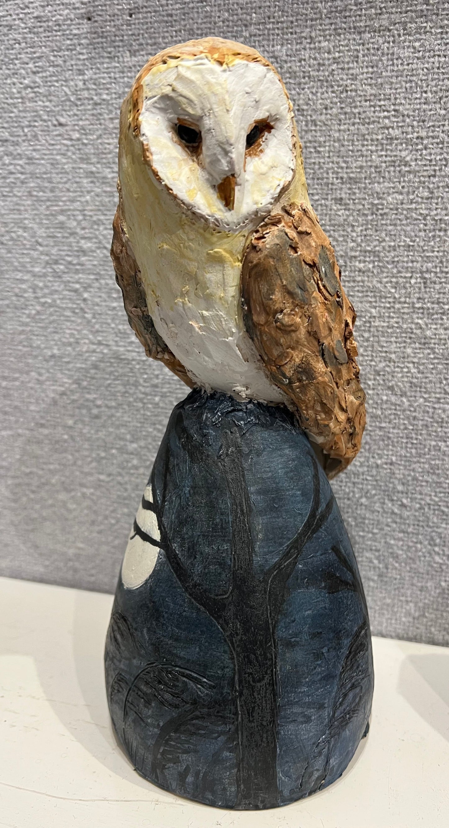 Hand painted ceramic barn owl sculpture by Christine Cummings Studio on hill, 11x5 inches