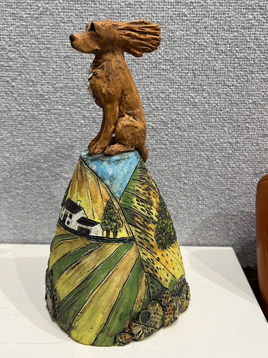 Hand painted ceramic Spaniel sculpture on hill by Christine Cummings Studio, original sold piece