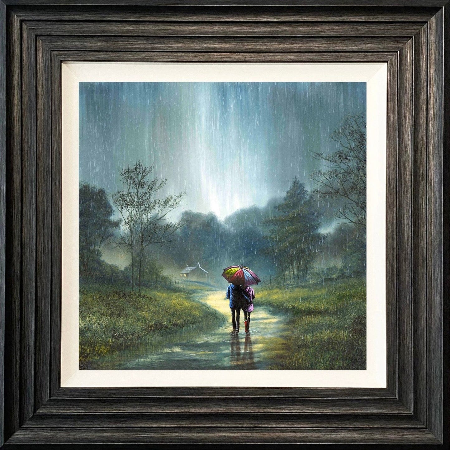 Warmth Beyond The Rain hand embellished canvas print by Danny Abrahams, limited edition 25, 20x20 inches, hand signed, framed 28x28 inches
