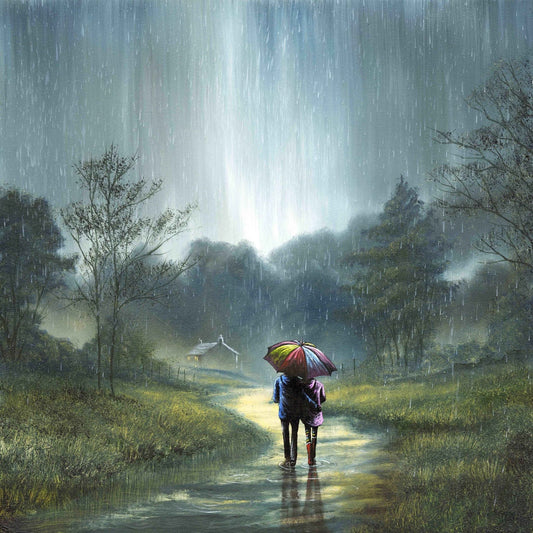 Warmth Beyond The Rain hand embellished canvas by Danny Abrahams, limited edition print on 20x20 inch board, hand signed and framed.