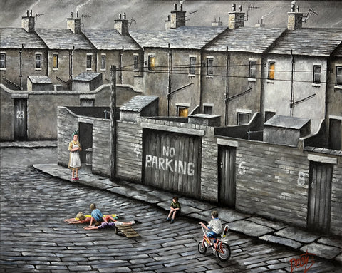 Say hello to Deetz's *NEW* original oil painting, 'Never Mind Going For Ya Record- Teas Ready'. This unique street scene features a young lad on his Chopper trying to emulate his idol Evil Knieval but Mum's having none of it! 