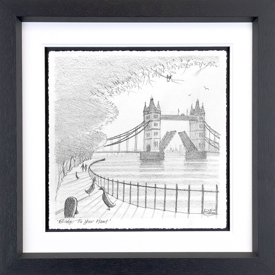 Framed monochrome Derrick Fielding sketch print on paper depicting Tower Bridge, a curved riverside railing and birds.