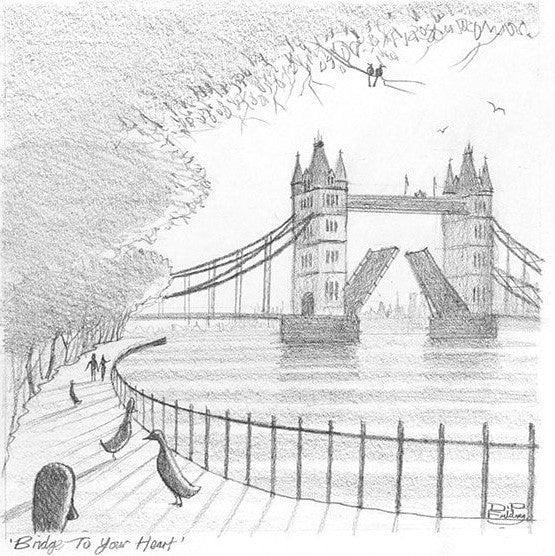Original pencil sketch by Derrick Fielding of London’s Tower Bridge, with swans, riverside railing and handwritten title.