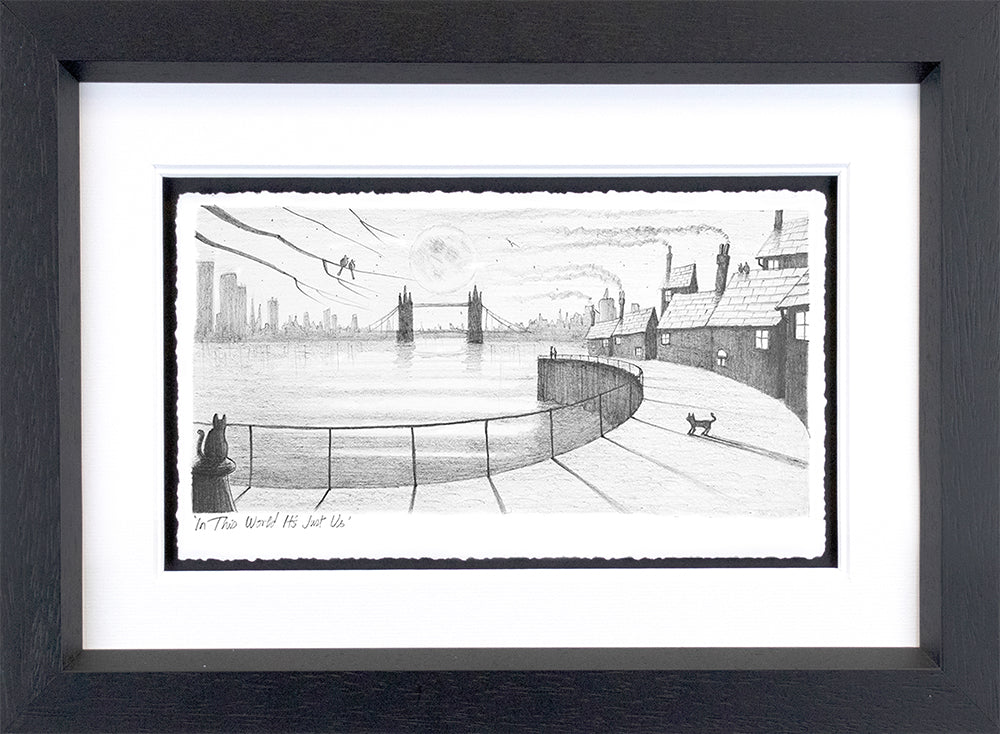 Limited-edition Derrick Fielding sketch print in black and white, depicting a waterfront with buildings, a bridge and a dog.