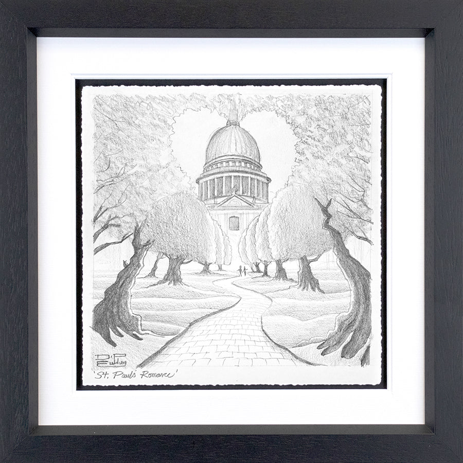 Framed black-and-white pencil sketch print by Derrick Fielding, featuring St. Paul’s Cathedral beyond a tree-lined path.