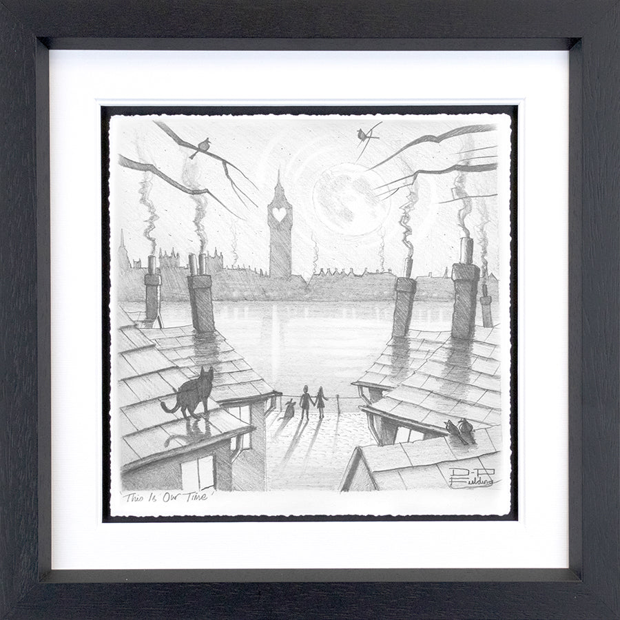Framed monochrome sketch print by Derrick Fielding, with a riverside cityscape, rooftops, figures and birds.