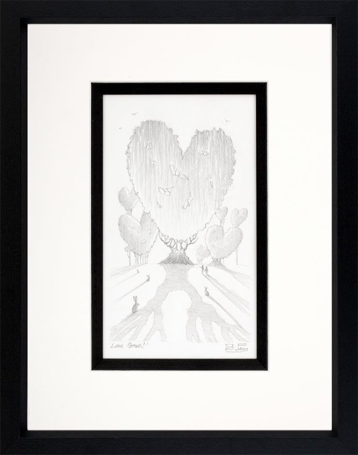 Original pencil sketch "Love Grows" by Derrick Fielding, hand signed, framed 18.5x14.5 inches