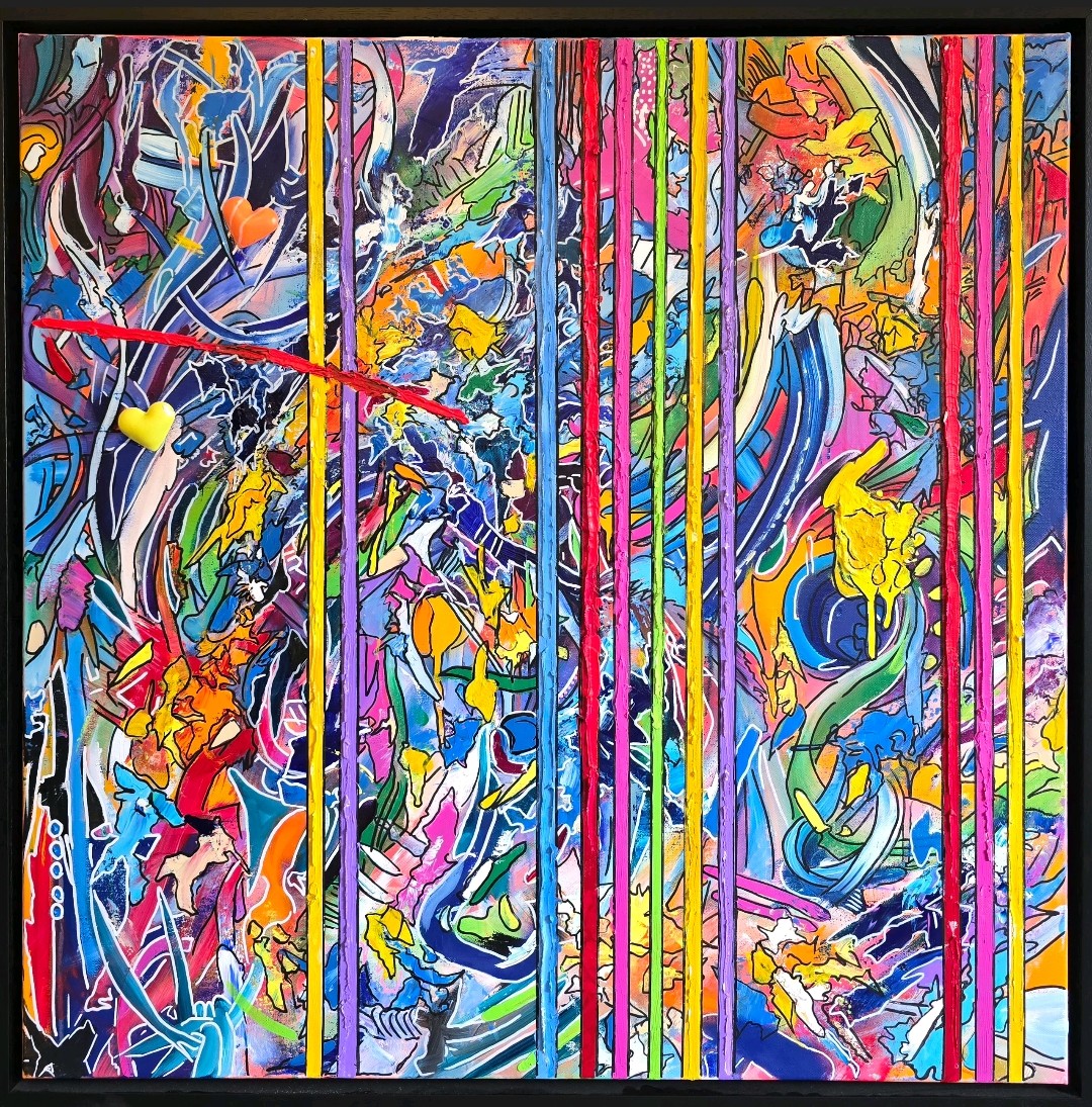 Stunning large-scale original painting with bold colour and stripes by ADHD artist David Kirkman. Available from The Acorn Gallery in Pocklington. Shop online or call us on 01759 307652. UK delivery available