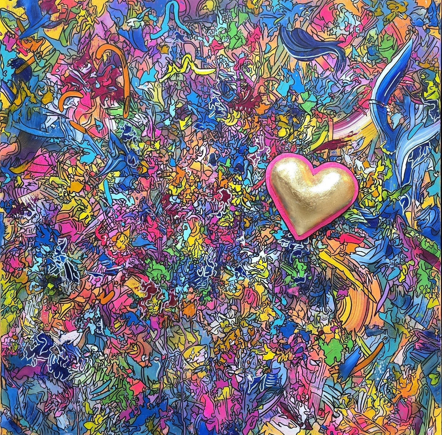 Stunning large-scale original painting with bold colour and a large 3D heart of gold by ADHD artist David Kirkman. Available from The Acorn Gallery in Pocklington. Shop online or call us on 01759 307652. UK delivery available.