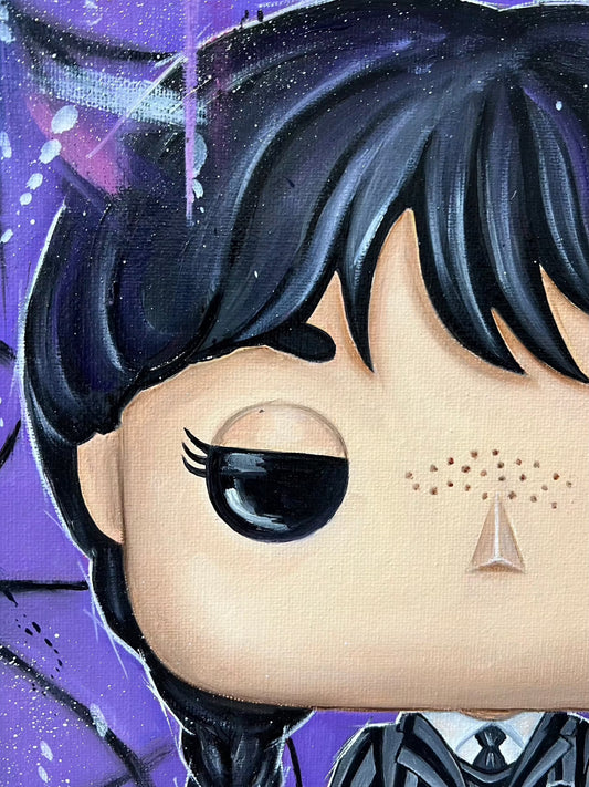 Wednesday Addams Original by Deborah Cauchi at The Acorn Gallery. Brilliant Toy Paintings by this North East artist. Secure UK Delivery. Visit Us or Shop Online. Or call us on 01759 307652.