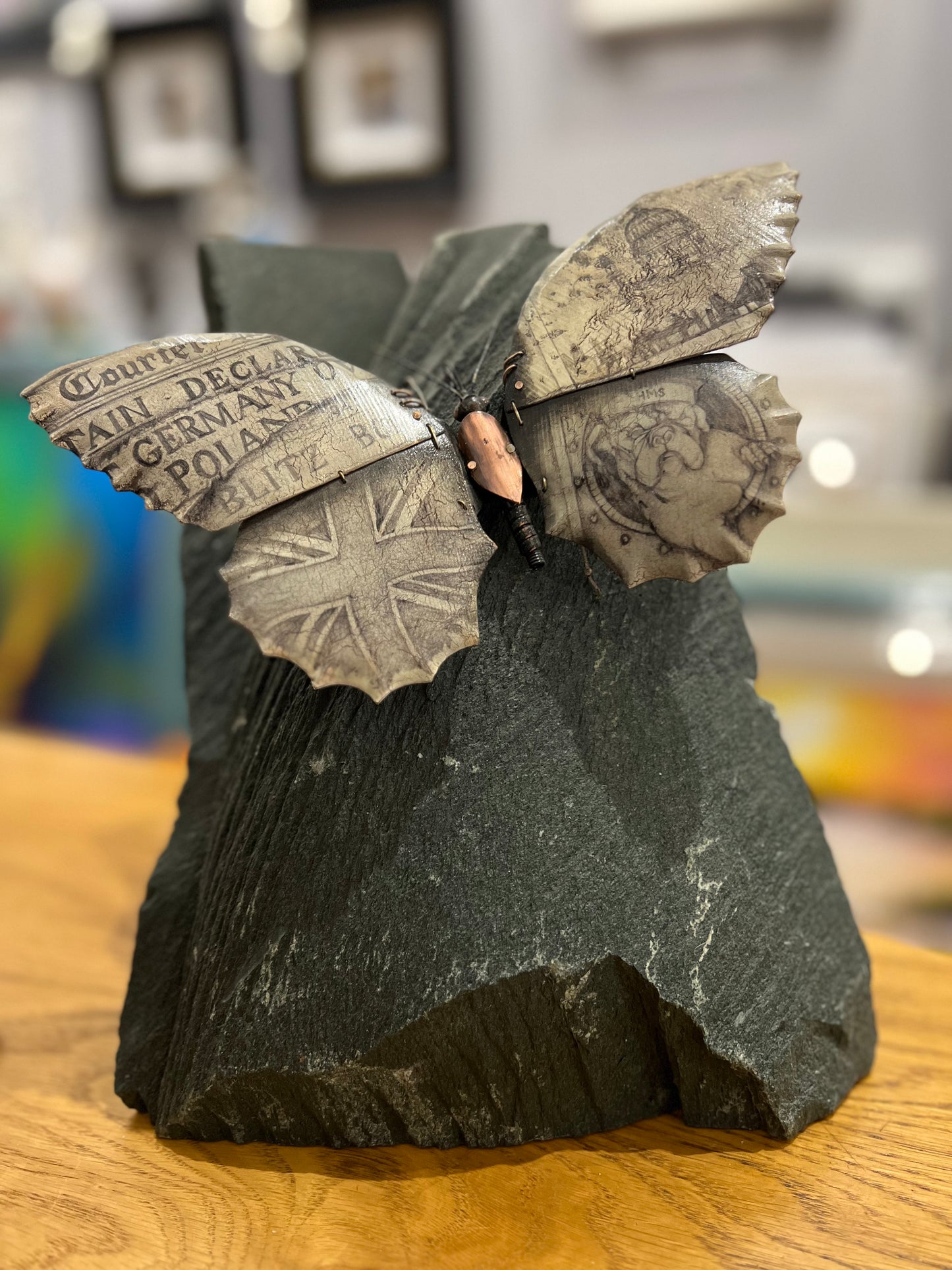 Ean Dawbarn Bulldog Spirit ORIGINAL Metal Butterfly on Slate Sculpture with St Paul’s Cathedral and the Union Jack alongside the British Bulldog. This is available from The Acorn Gallery in Pocklington. Shop online or call us on 01759 307652.