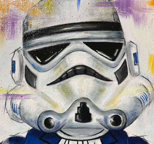 Austin Powers Stormtrooper Lego Original Painting by Deborah Cauchi at The Acporn Gallery Pocklington. Shop Online or Call 01759 307652.