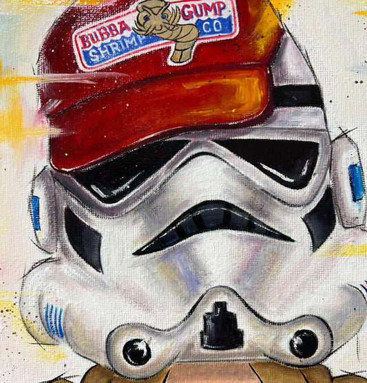 Brilliant Forrest Gump Lego Stormtrooper original by Deborah Cauchi at The Acorn Gallery. Wider collection available. Secure UK delivery. Visit Us or Shop Online. Or Call us on 01759 307652.