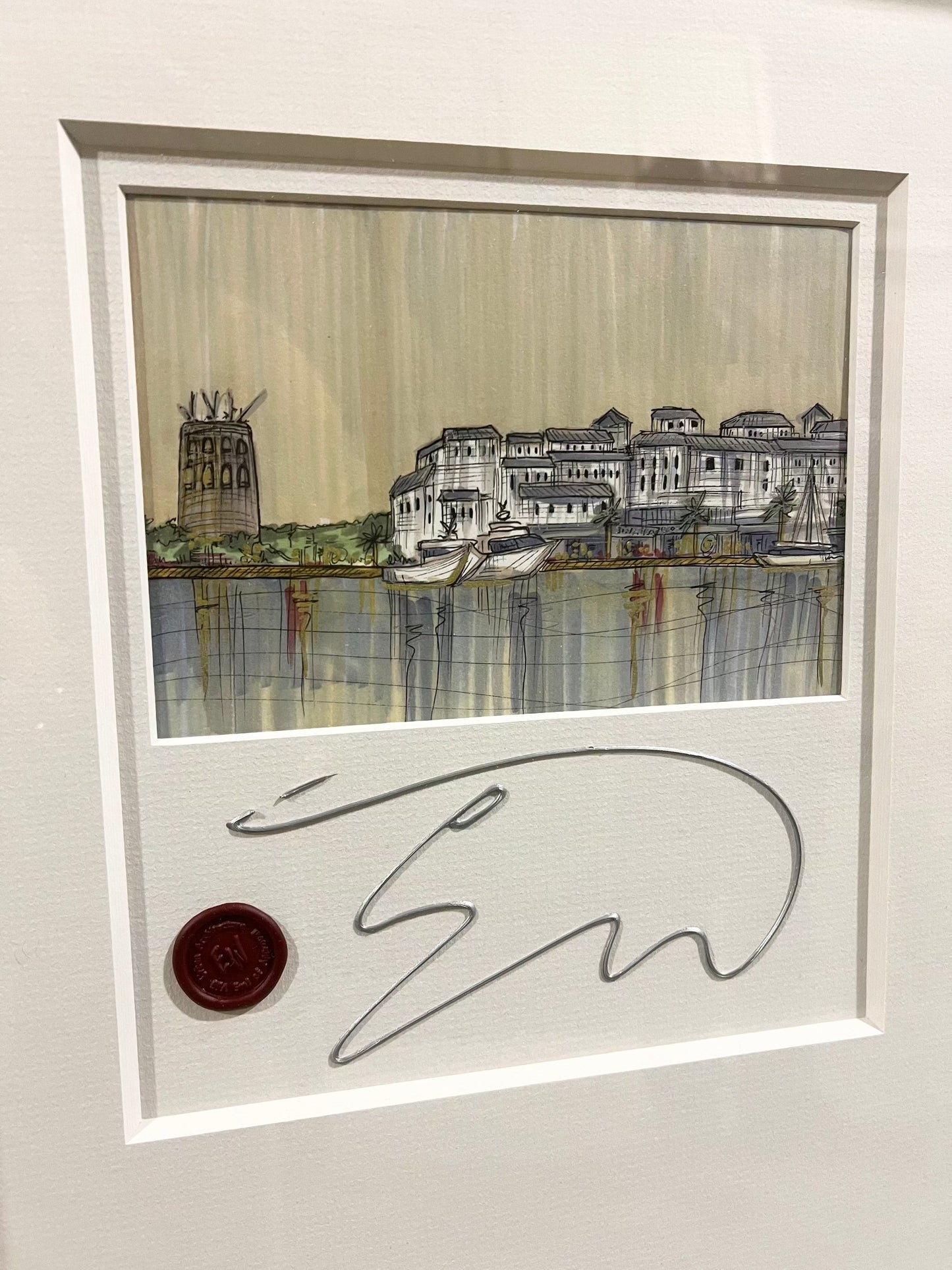 Puerto Banus original mixed media sketch on paper by Edward Waite, hand signed, framed.
