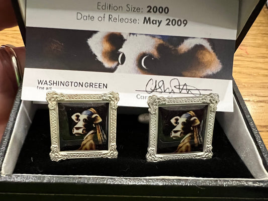 Caroline Shotton Cufflinks, Set of 4. Includes The Laughing Cowvalier, Cow With a Pearl Earring, Moona Lisa, The Smooch. Available at The Acorn Gallery in Pocklington. Call 01759 307652