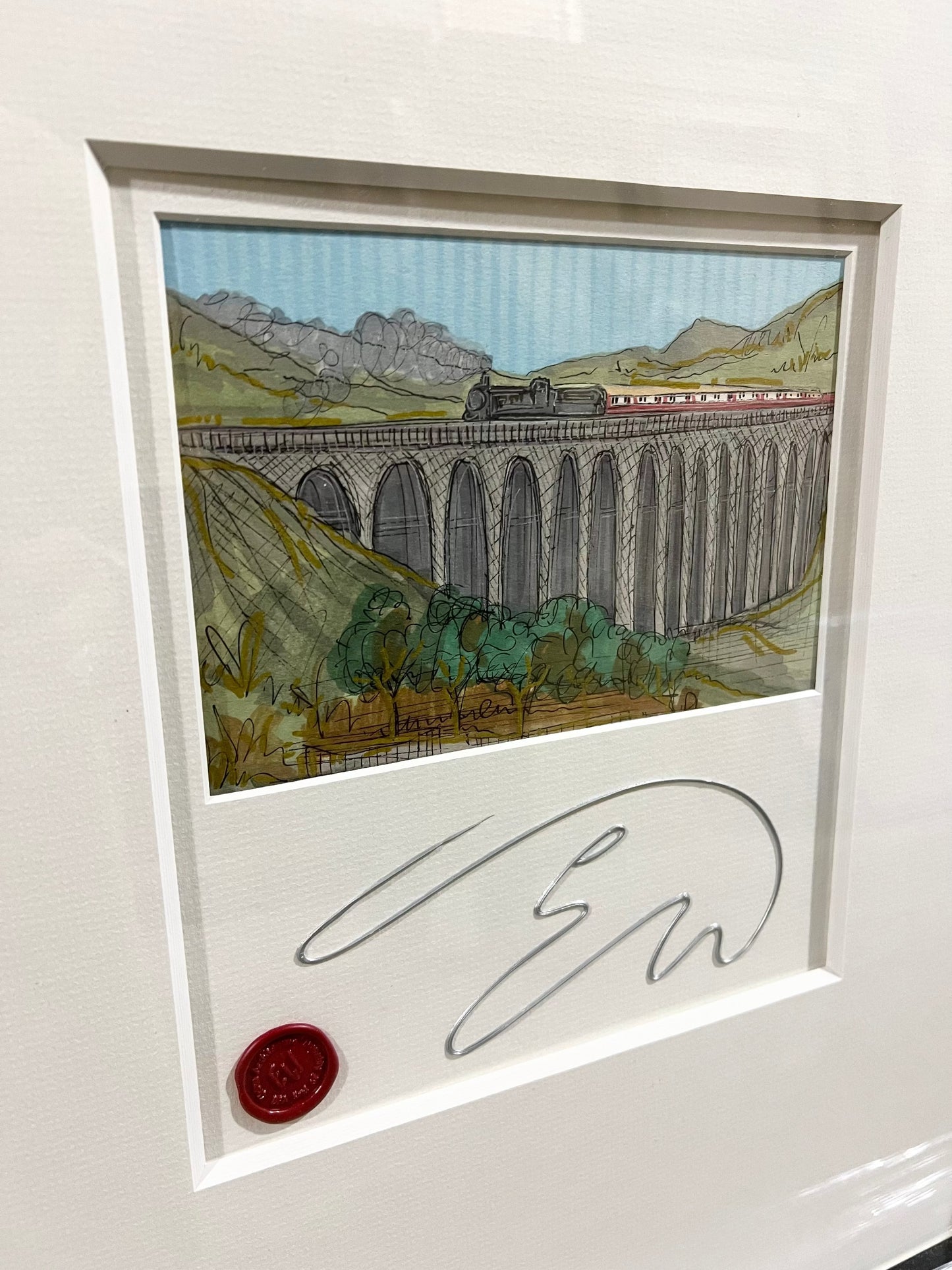 Original Ribblehead Viaduct sketch by Edward Waite in mixed media on paper, hand-signed.