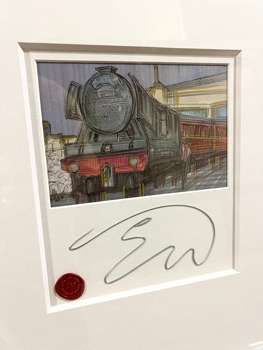 Original mixed media sketch "The Flying Scotsman" by Edward Waite, hand signed, framed 25x26 inches