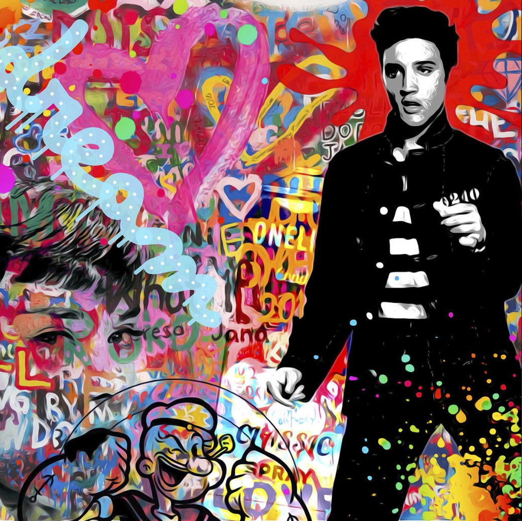 Pop art print by Onelife183 featuring black-and-white Elvis against a vivid multicoloured graffiti collage with hand-painted details.