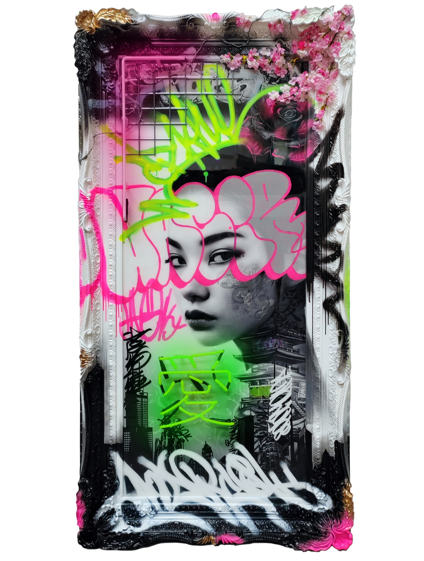 Ghost China Town Neon original 3D neon mixed media artwork with graffiti and spray paint in ornate frame