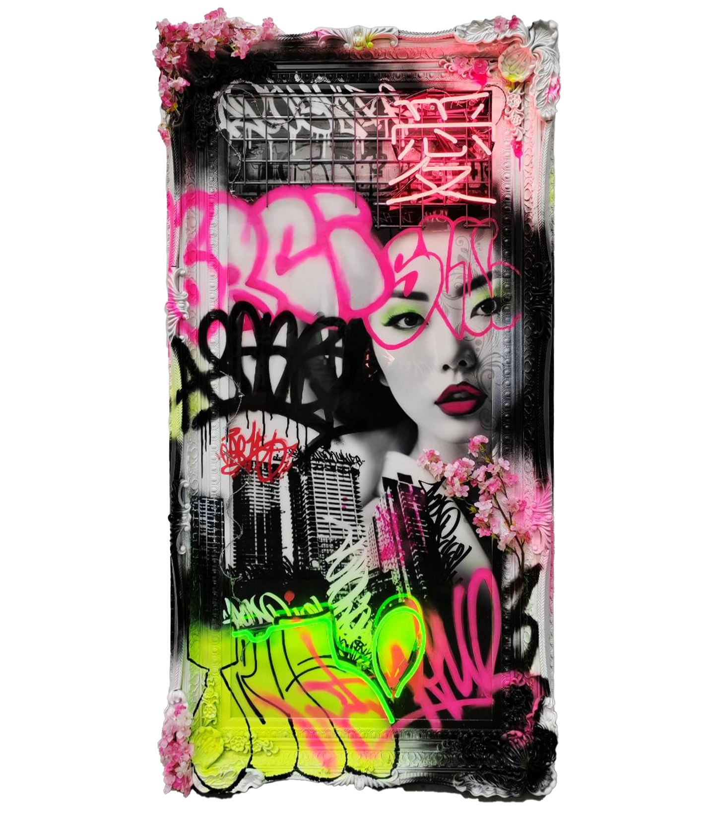 Tokyo Streets Neon vibrant 3D neon graffiti artwork by Ghost in ornate frame