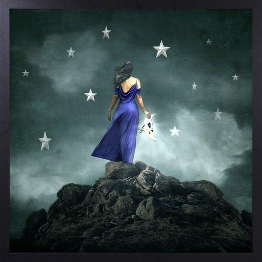 Beautiful image of a woman standing on a Rocky Mountain holding a star and looking at the night sky. To the Moon and Back artwork by Michelle Mackie (Dolly) and available from The Acorn Gallery in Pocklington. Shop online or call us on 01759 307652.