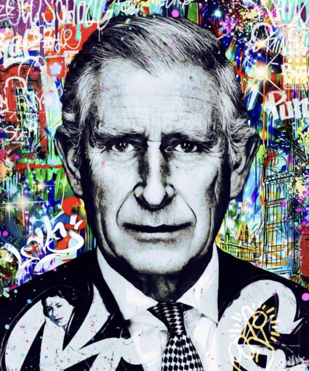 Pop art portrait print of King Charles III by Onelife183, in black and white with a vivid, graffiti-style multicoloured background.
