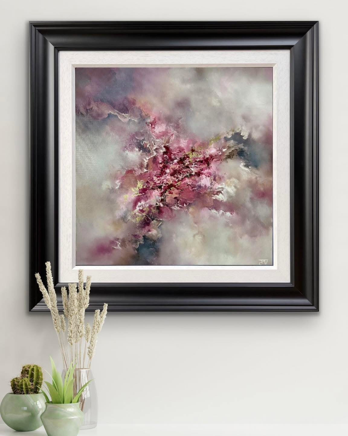 Early Blossoms original oil on board painting by Jaimie Volkaerts featuring abstract soft tones and fluid forms