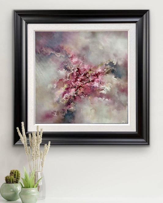 Early Blossoms original oil on board painting by Jaimie Volkaerts featuring abstract soft tones and fluid forms