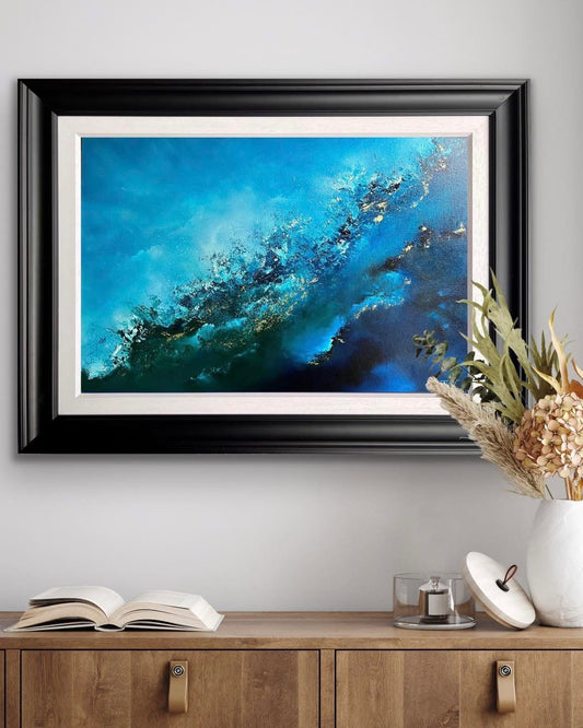 The Unstoppable Azure original abstract oil painting by Jaimie Volkaerts, signed artwork in soothing blue tones