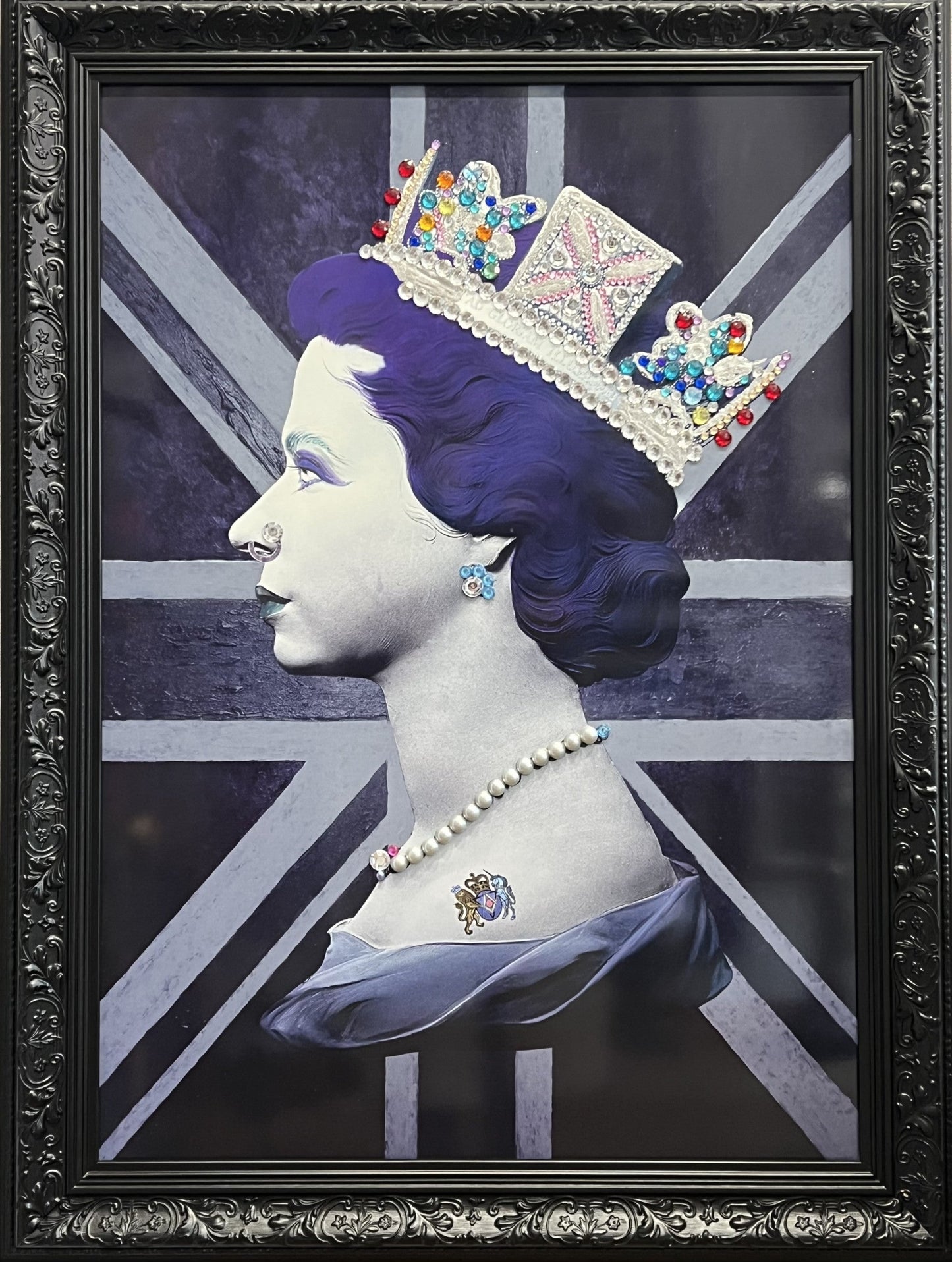 Limited edition Queen Black Print by Illuminati Neon on aluminium with jewels and silver leaf, hand signed, 36x27.5 inches framed