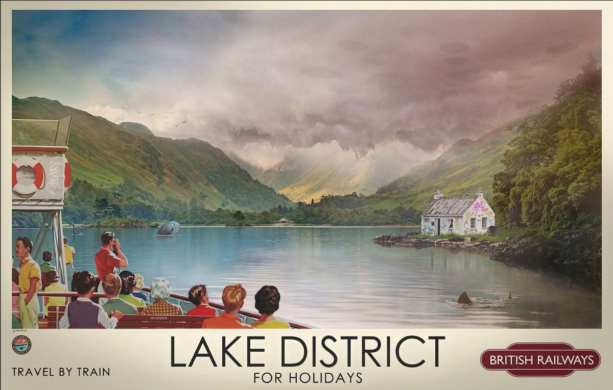Limited edition JJ Adams print on paper, a retro Lake District holiday poster with a stormy lake and sunken spacecraft.