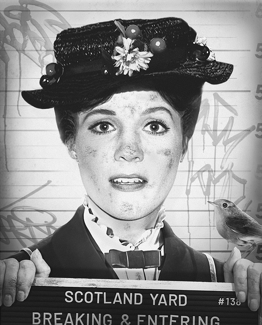 JJ Adams black-and-white print of a woman in a flowered hat holding a Scotland Yard breaking-and-entering placard, with graffiti details