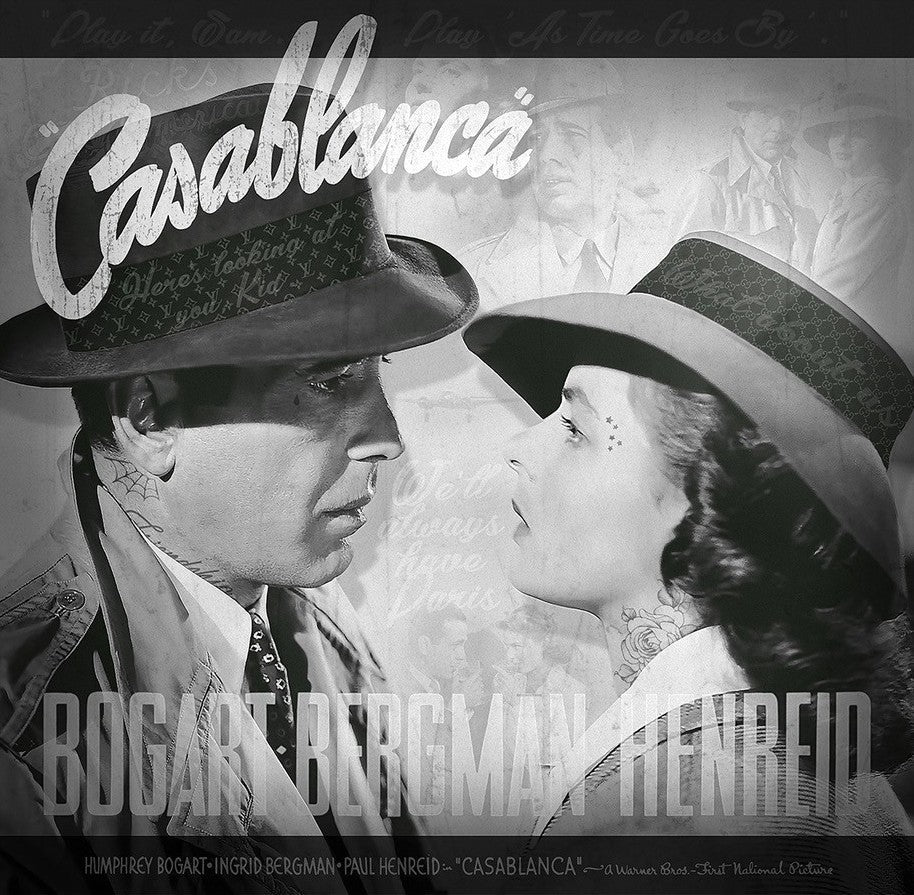 Casablanca movie poster by JJ Adams, black-and-white portrait print with vintage typography and a romantic film scene.