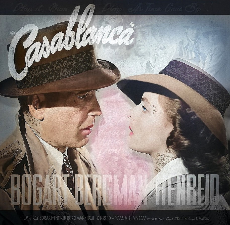Casablanca movie poster by JJ Adams, colourful mixed-media portrait with bold script title and cinematic figure montage.