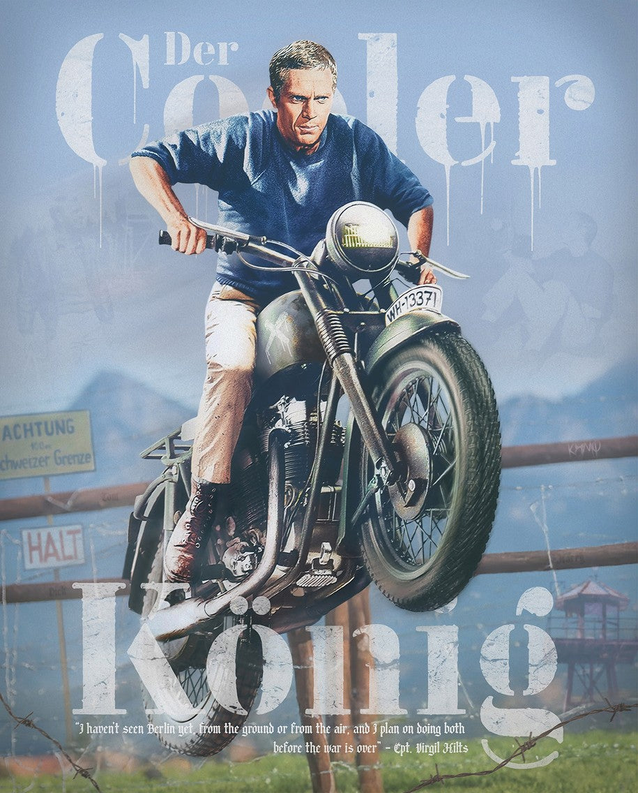 Limited-edition JJ Adams print on paper, depicting a man riding a vintage motorcycle with distressed lettering in blue tones.