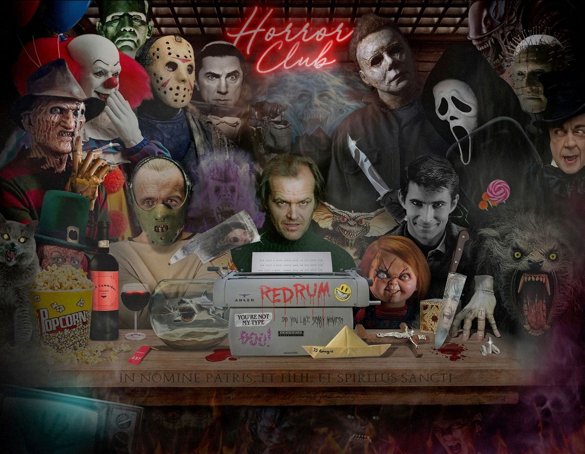 Horror movie collage artwork by JJ Adams, dark mixed-media portrait featuring iconic masked killers, monsters and props.