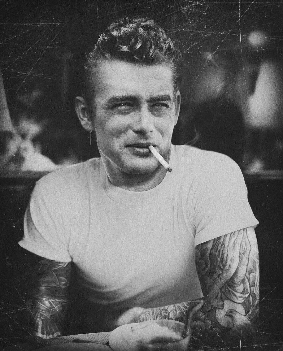Original mixed-media canvas portrait by JJ Adams in black and white, featuring a tattooed man in a white T-shirt with a cigarette.