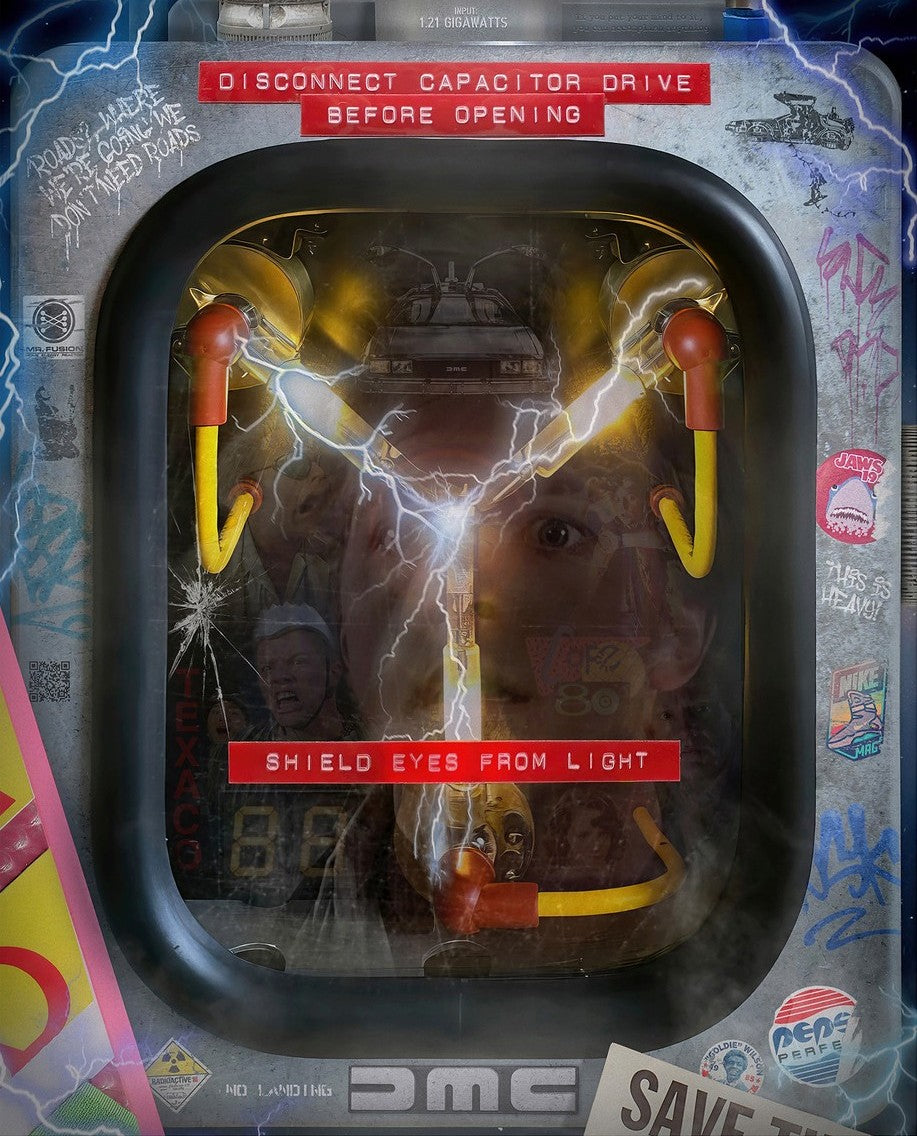 Flux capacitor artwork by JJ Adams, mixed-media piece with a weathered metal frame, red warning labels and electric lightning details.