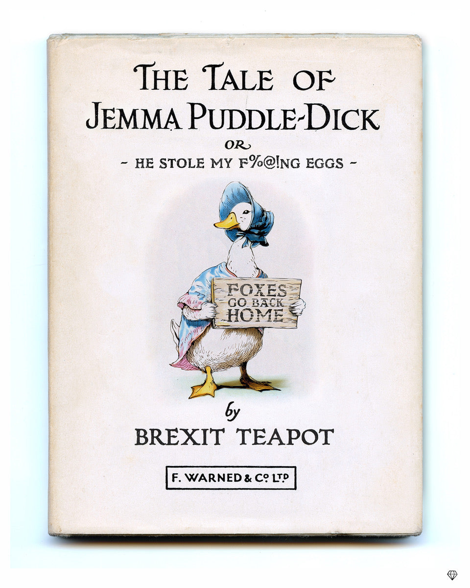 Mixed-media JJ Adams canvas featuring a faux vintage book cover, cream text and an illustrated duck holding a sign.