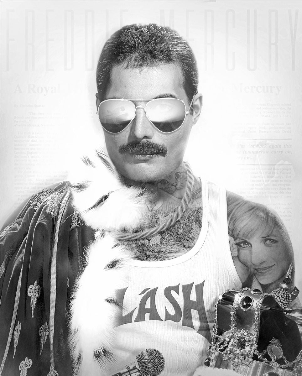 Black-and-white JJ Adams hand-embellished canvas portrait of a moustached man in mirrored sunglasses and a feathered costume.