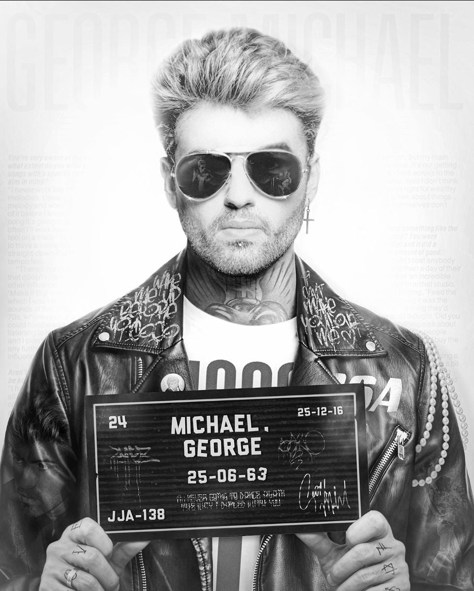 Black-and-white portrait canvas featuring a man in sunglasses and a studded leather jacket holding a mugshot board, by JJ Adams