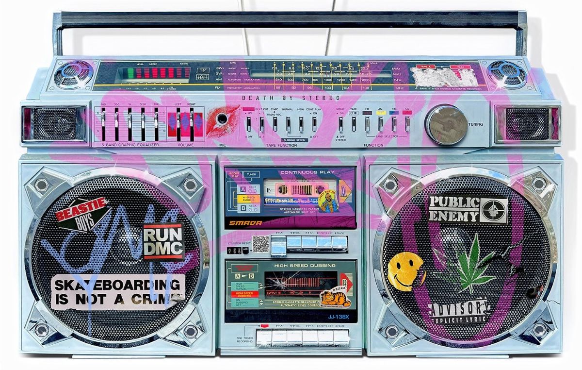 JJ Adams print featuring a silver boombox with pink graffiti, stickers, cassette decks and twin speakers.