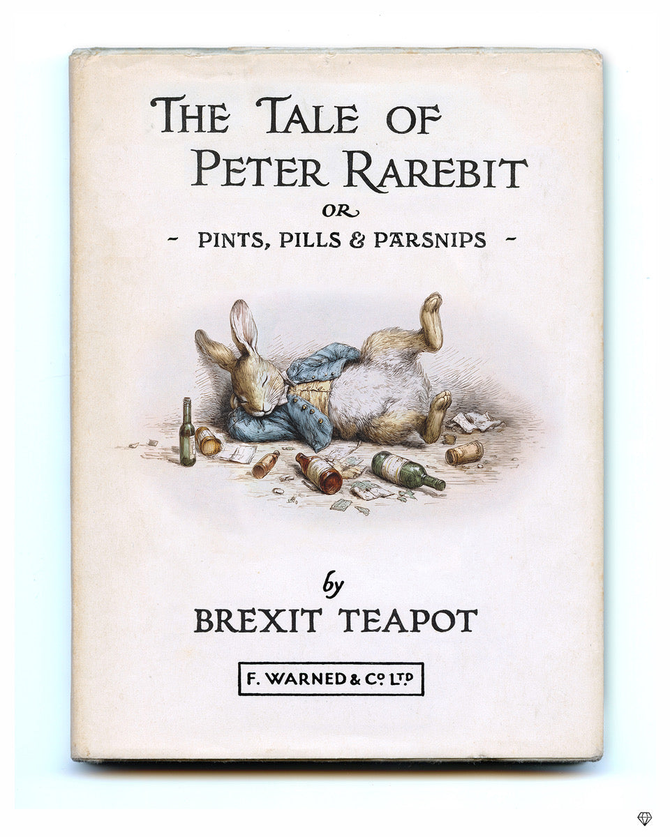 JJ Adams mixed-media canvas artwork styled as a vintage book cover, featuring a rabbit among bottles and scattered pills.