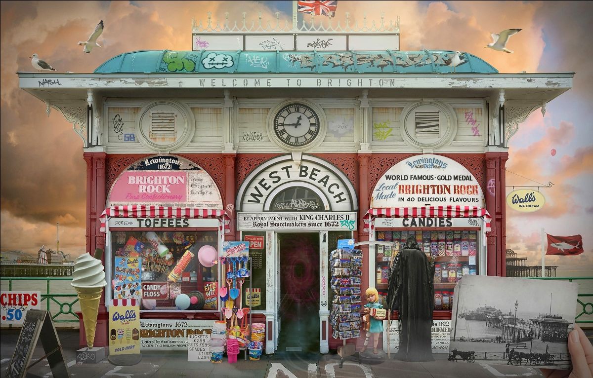 Limited-edition JJ Adams print on paper depicting a colourful, graffiti-covered Brighton kiosk with retro candy stalls and seagulls.