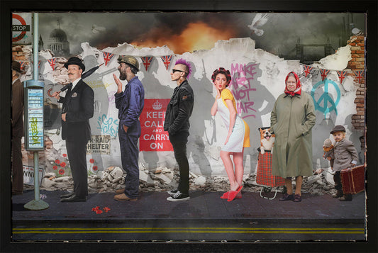 Britannia Row II ORIGINAL hand embellished canvas by JJ Adams with VE Day 80th anniversary tribute and military shadow figures