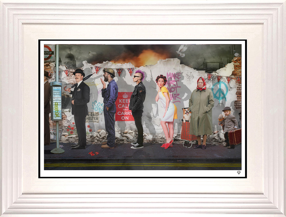 Britannia Row II limited edition print by JJ Adams showing diverse characters with military shadows, hand signed, framed.