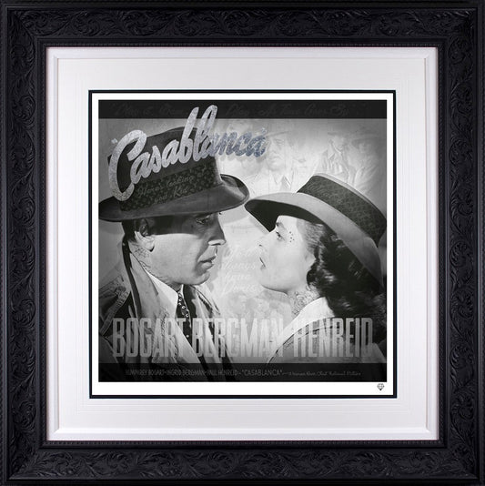 JJ Adams Casablanca Black And White Movie Poster Hand Embellished Framed in Black - The Acorn Gallery, Pocklington
